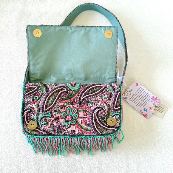 Viral Beaded Pink, Blue, & Purple Paisley Shoulder Bag w/ Beaded Fringe - Picture 3 of 8